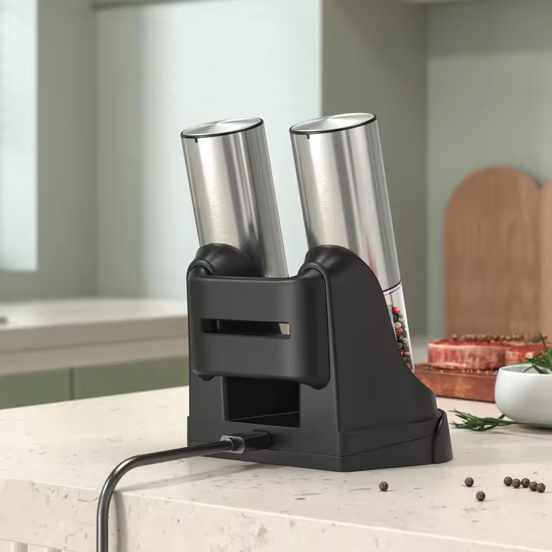 Korean Kitchen Gadgets - 1/2 個電動自動塩 & 胡椒グラインダー、スパイスミル収納ビン付きキッチン調整可能な粉砕ツール
