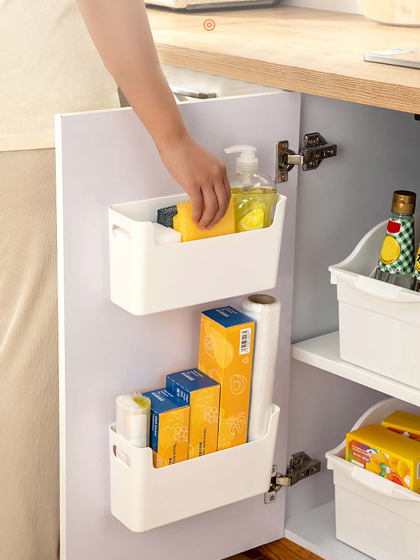 Kitchen Gadgets Gifts - パンチフリーキャビネットドアオーガナイザープラスチック壁掛け収納ボックススポンジホルダーキッチン収納整理用ラップフィルムホルダー