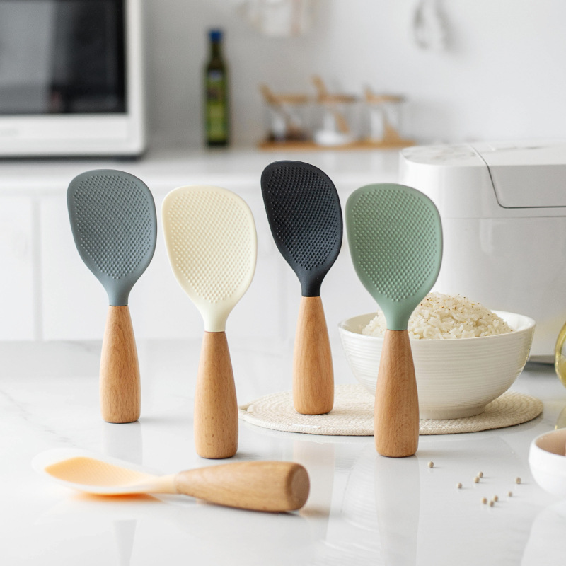 Kitchen Gadgets On Sale - 1PC 木製ハンドルシリコンしゃもじ、家庭用炊飯器、しゃもじ、高温耐性、ノンスティックしゃもじ
