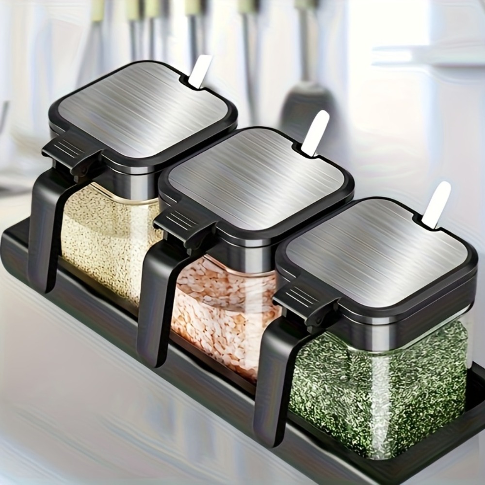 スパイスジャー3個セット、スプーン付き、10オンスガラスジャ - Korean Kitchen Gadgets のレビューと価格